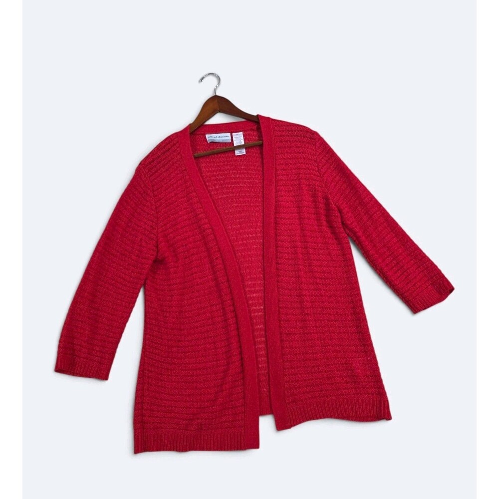 Alfred Dunner Red Open Front Cardigan Petite Large PL 3/4 Sleeve Knit